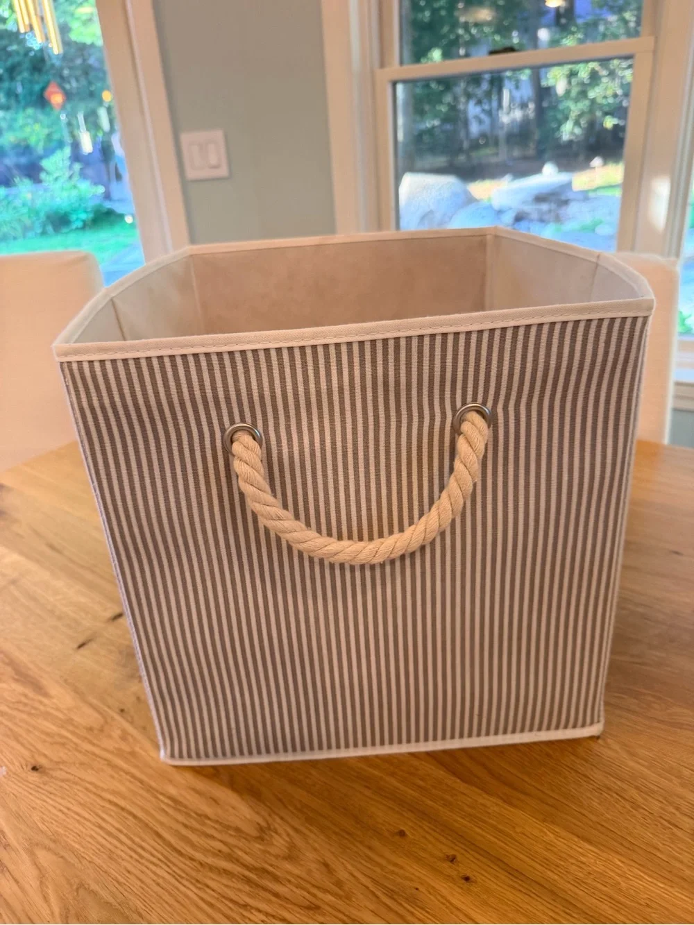 13” Striped Canvas Storage Bin with Rope Handles - Gray